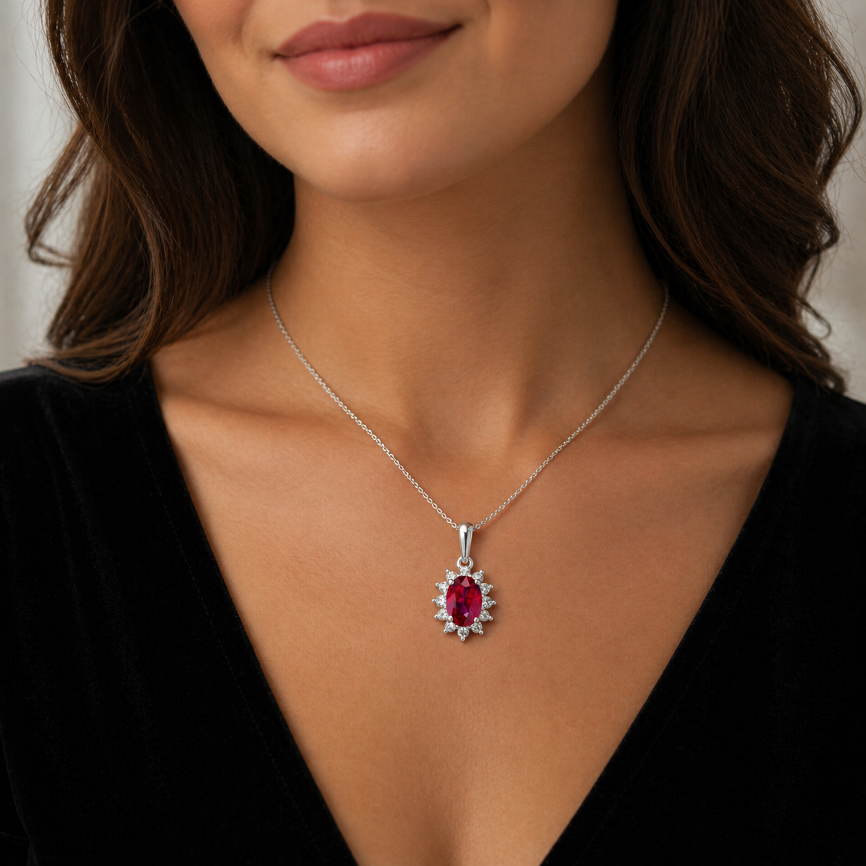 Ruby Oval Cluster Pendant With 0.25ctw Diamond 9ct White Gold 18" 46cm Chain