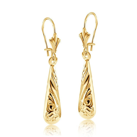 Patterned Drop Earrings 9ct Yellow Gold Drops 34mm Hallmarked