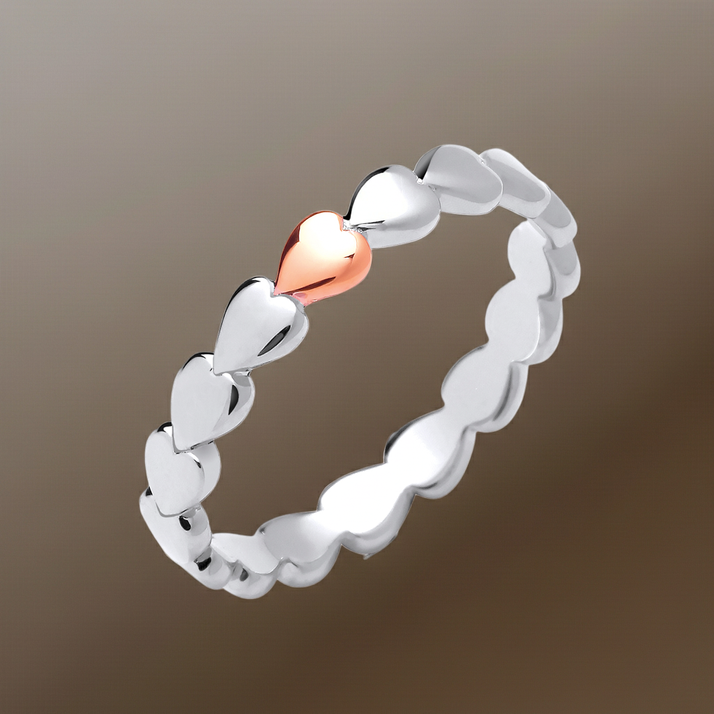 Sterling Silver Heart Band Ring Rose Gold Detail 925 Hallmark Sizes K-S