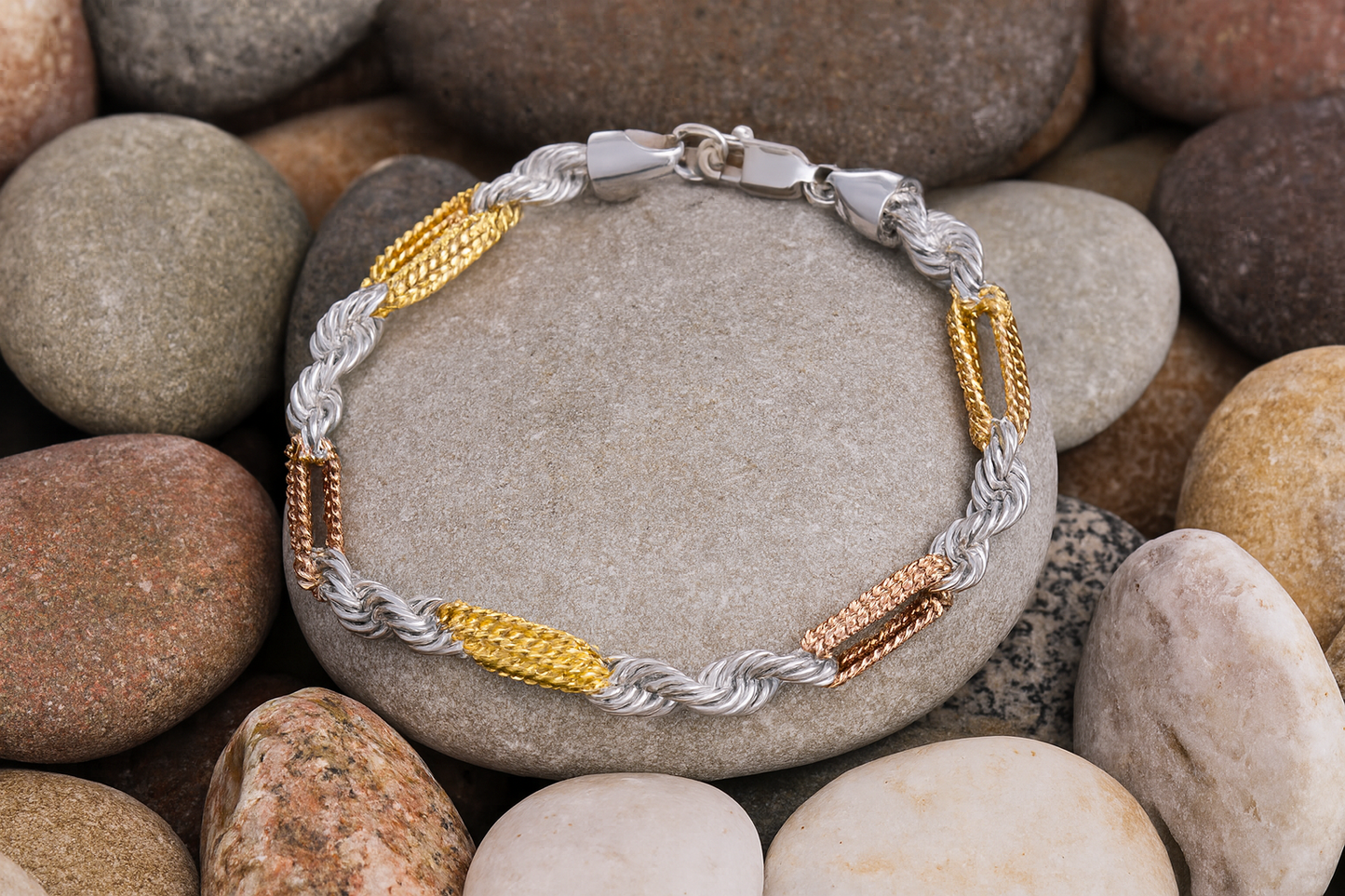 18ct Gold Gents Bracelet Rose and Yellow on Solid Sterling Silver Hallmarked