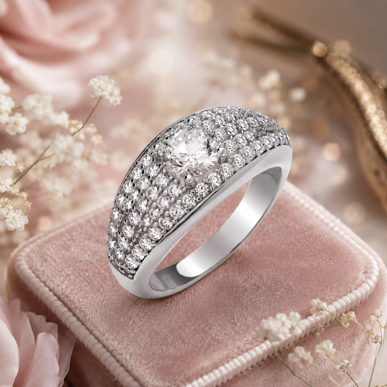 Classic Round Solitaire Ring with Pavé Zircon Band Solid Sterling Silver