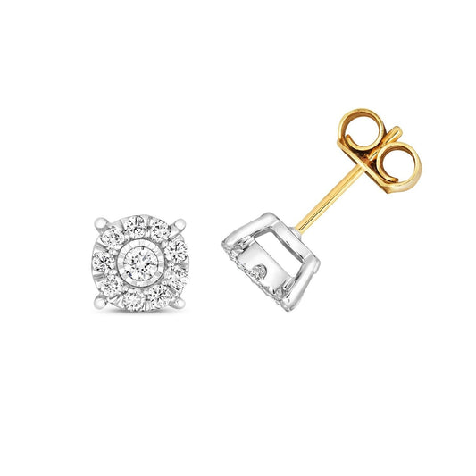 Diamond Stud Earrings 9ct Yellow Gold Illusion Set Premium Diamonds 0.30ct
