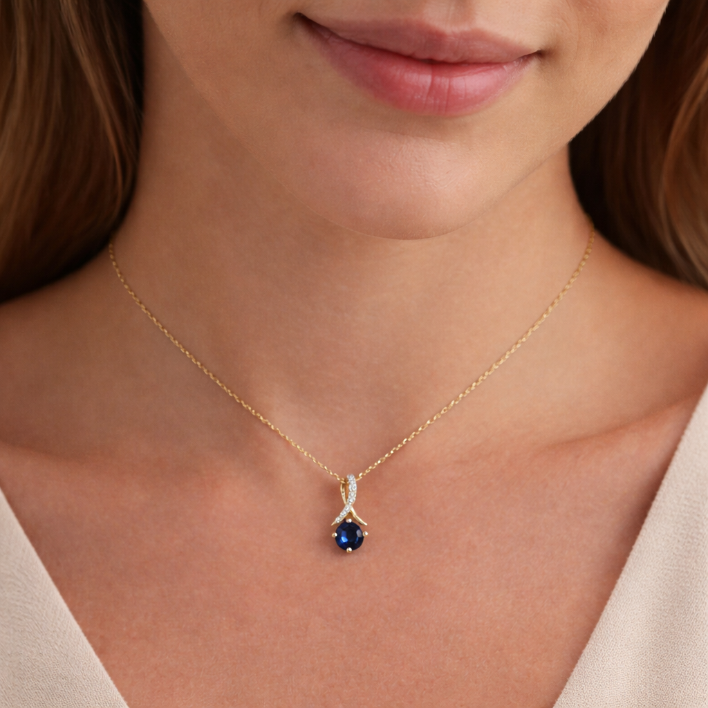 Sapphire Pendant With Diamond Kiss Solid Yellow Gold 18" 46cm Length Chain