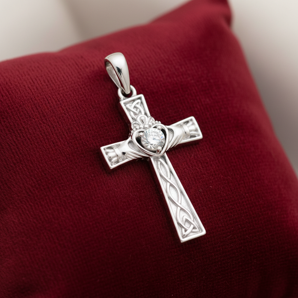 Natural Diamond Claddagh Cross Pendant Solid Sterling Silver 925 Hallmark