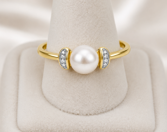 9ct Gold Freshwater Pearl Diamond Accent Ring Gift for Her