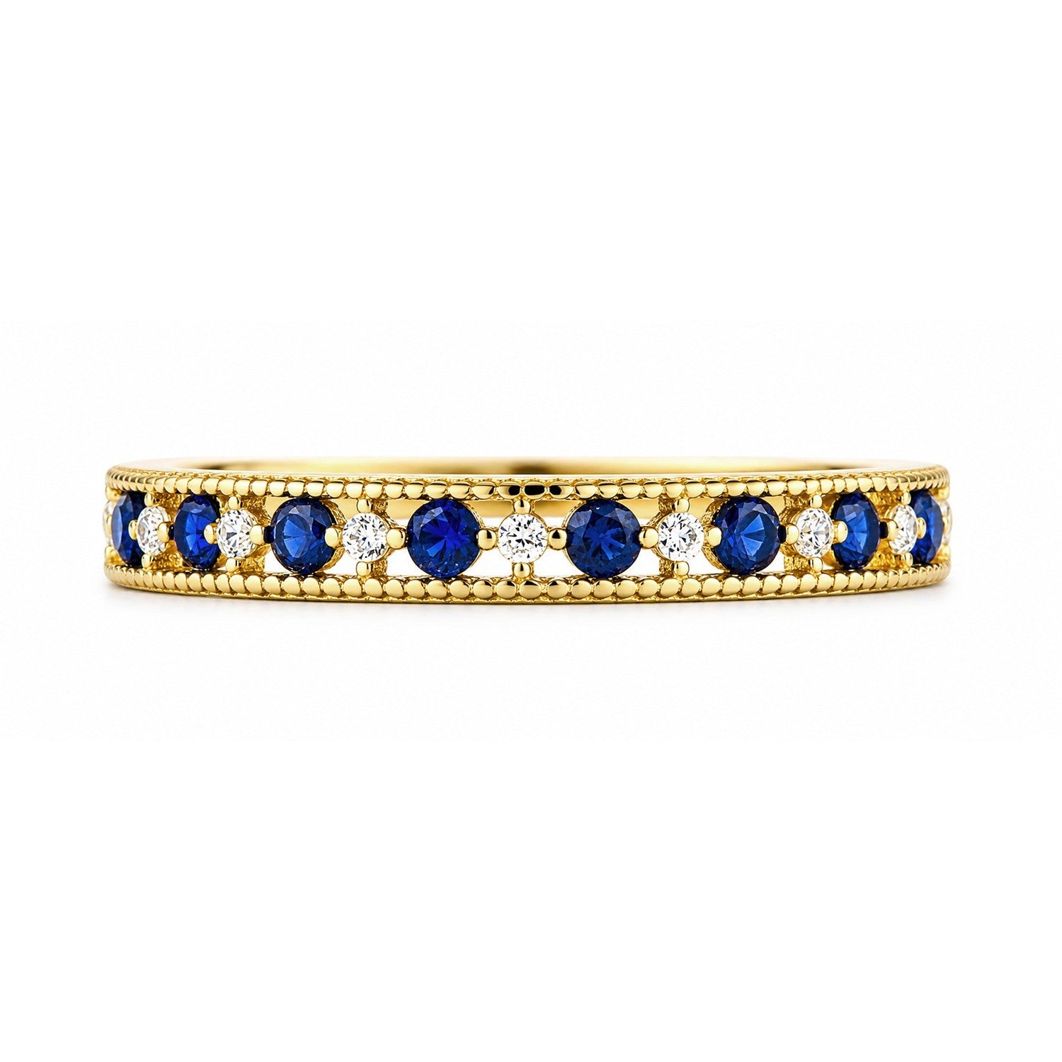 9ct Yellow Gold Sapphire Eternity Anniversary Ring Millgrain Heart Edge Hallmark