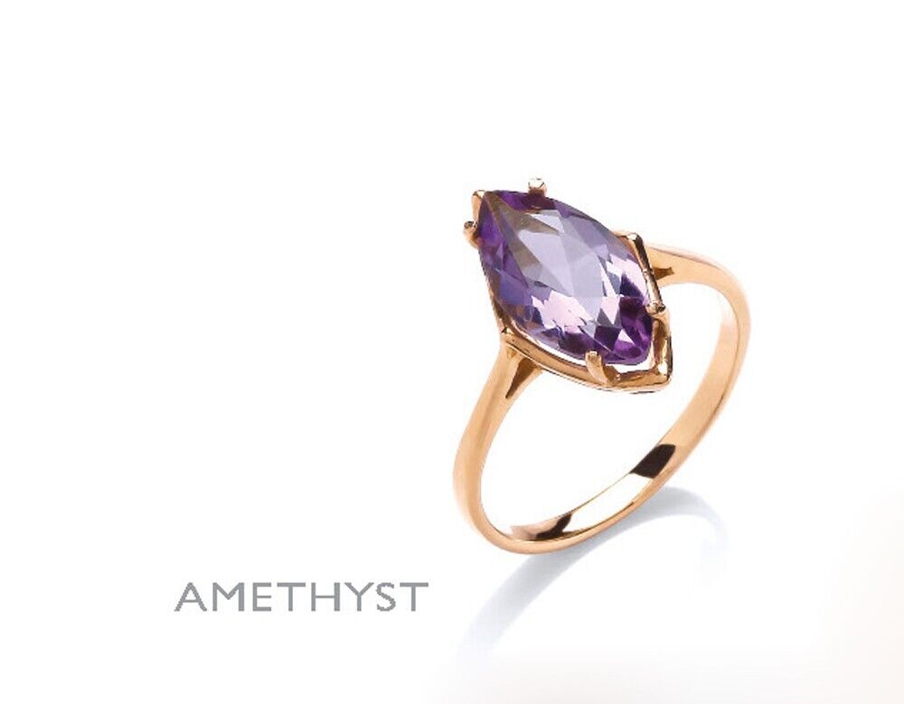 9ct Yellow Gold Amethyst Marquise Ring Solitaire Cocktail Full Hallmark
