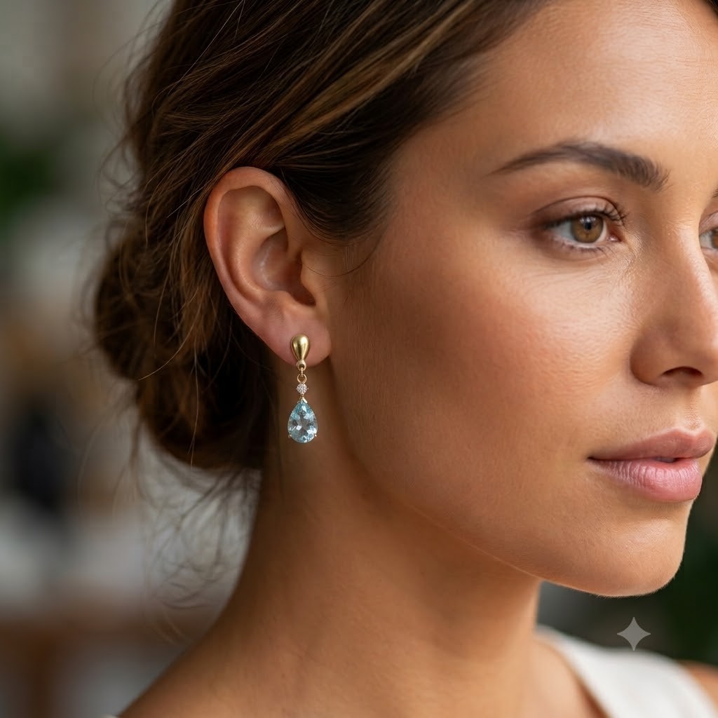 9ct Gold Blue Topaz Teardrop Dangle Earrings Diamond Accent Fine Jewellery