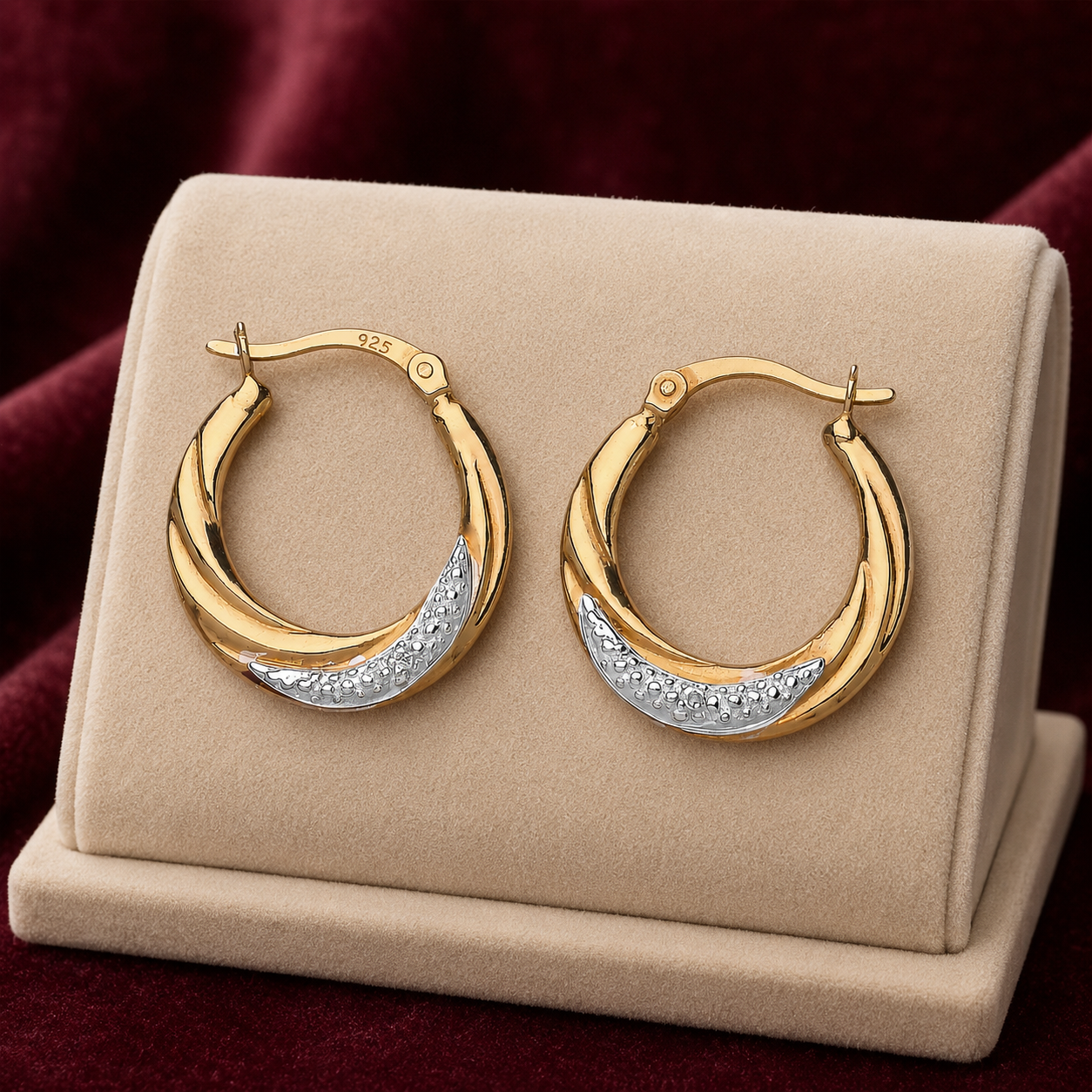 Two Tone Creole Hoop Earrings 20mm 18ct Gold on Sterling Silver 925 Hallmark