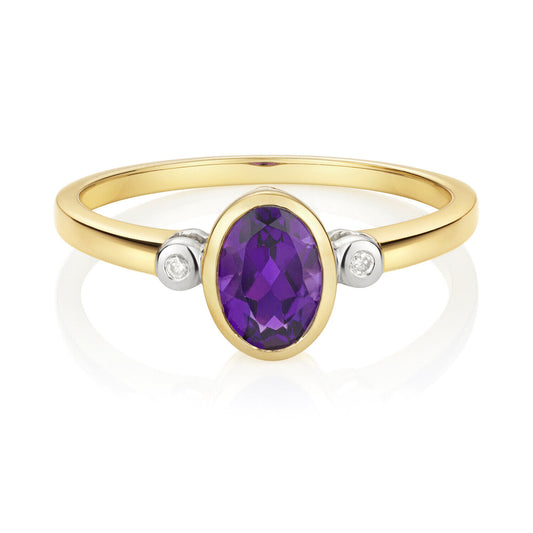Real Amethyst and Diamond Ring 9ct Yellow Gold Oval Cut Solitaire Sizes J - Q