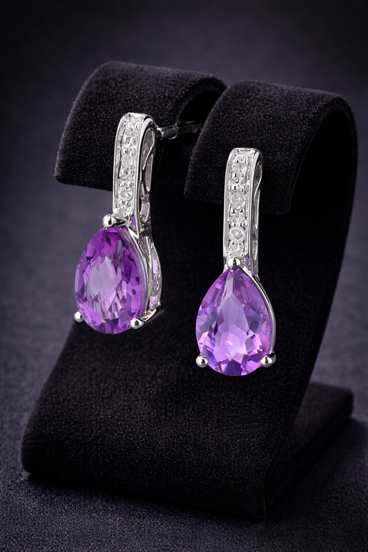 Natural Amethyst and Diamond Earrings Solid 9ct White Gold Drops Hallmarked