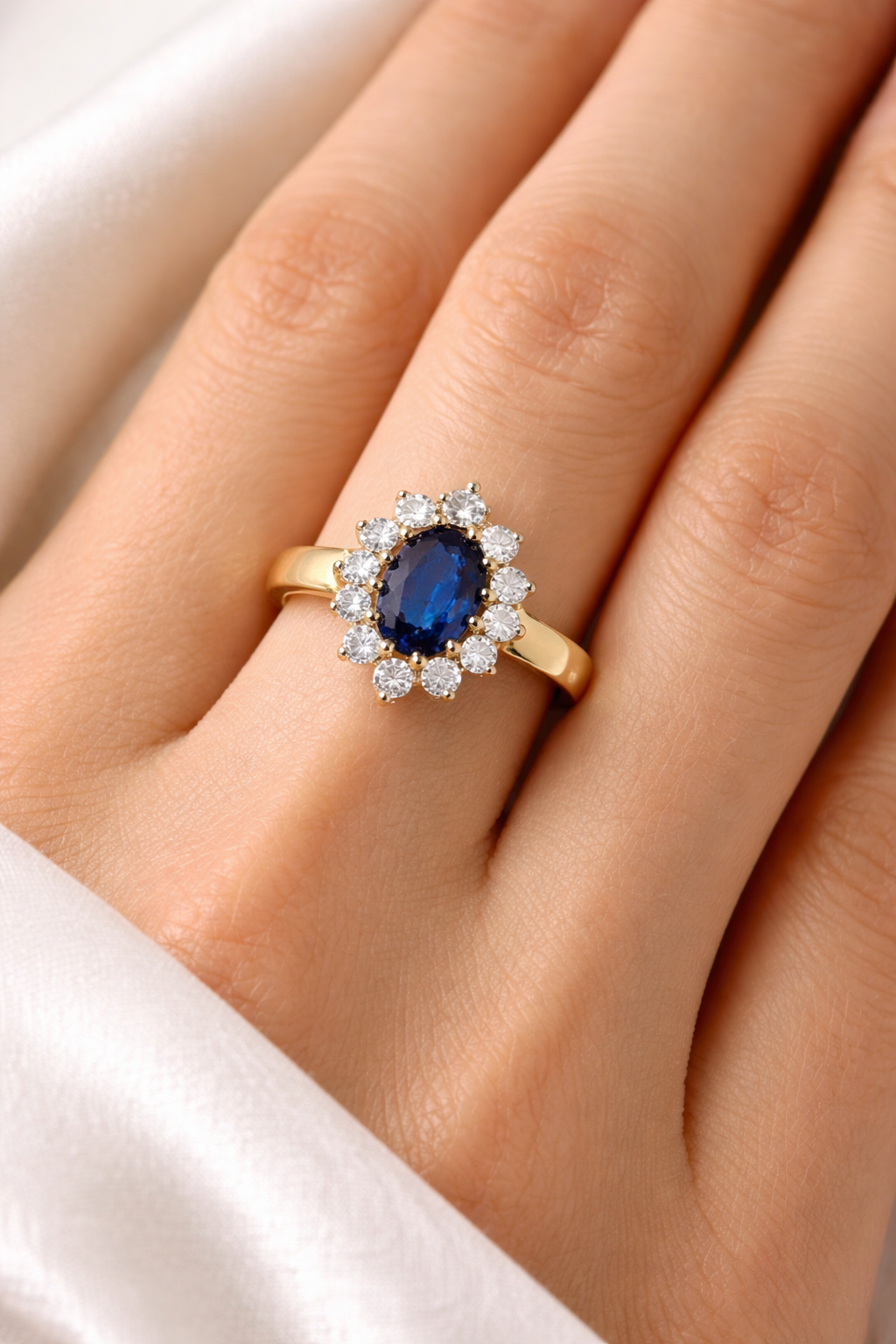 Real Sapphire and Diamond Ring 9ct Yellow Gold Cluster Engagement Hallmarked