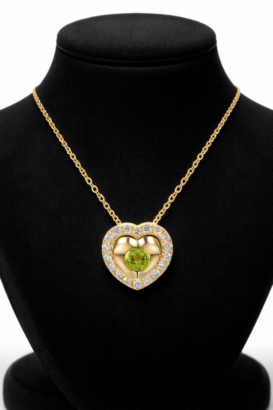 Peridot Heart Necklace With Diamond Solid Yellow Gold 18" 46cm Length Chain
