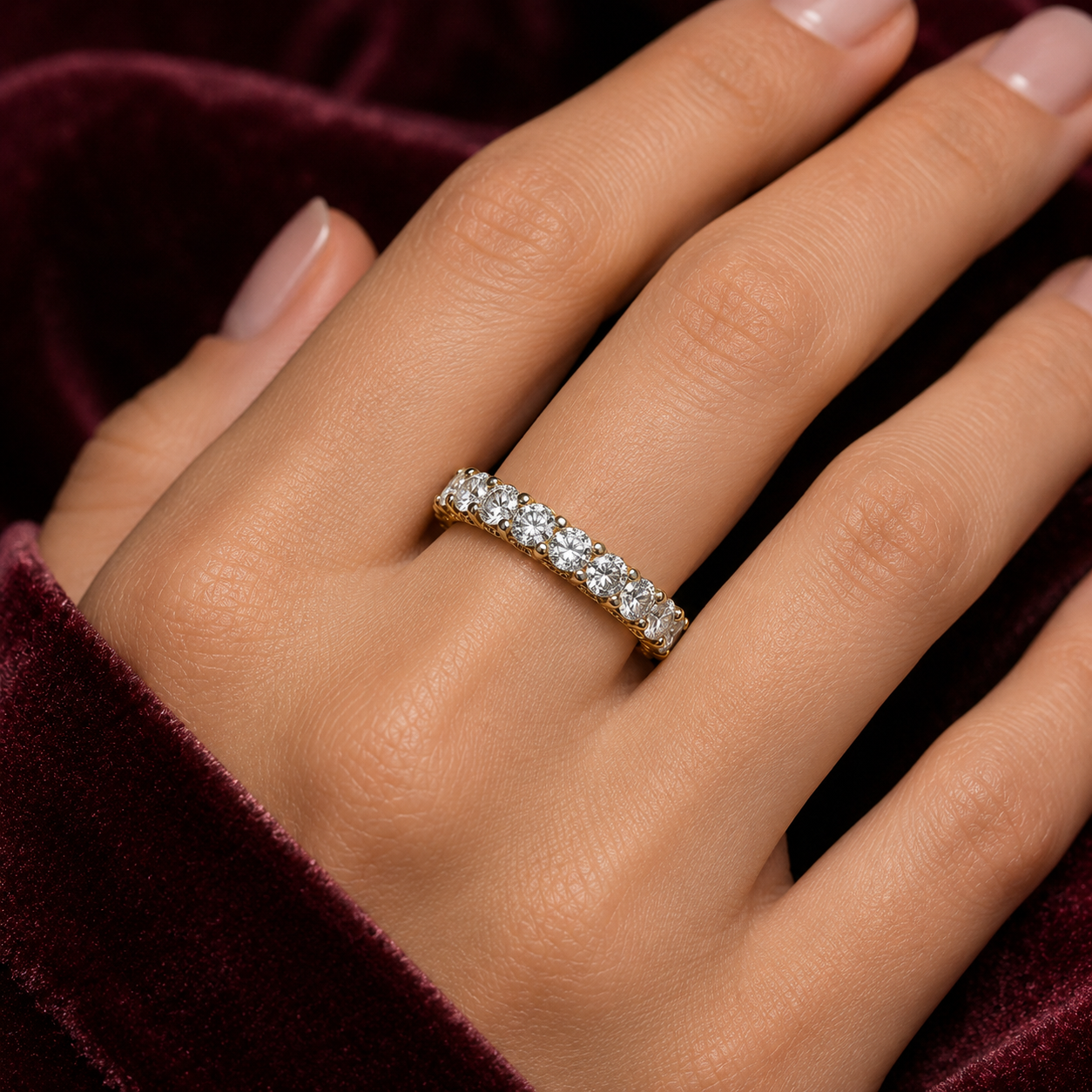 18ct Gold Full Eternity 3.5mm Band Wedding Ring on Solid Sterling Silver 925