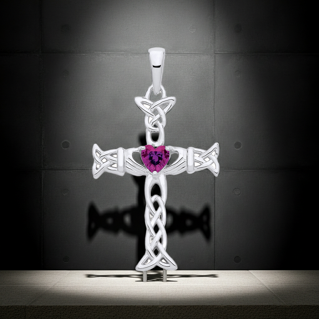 Amethyst Claddagh Celtic Cross Pendant Solid Sterling Silver 18" Chain 925 Stamp