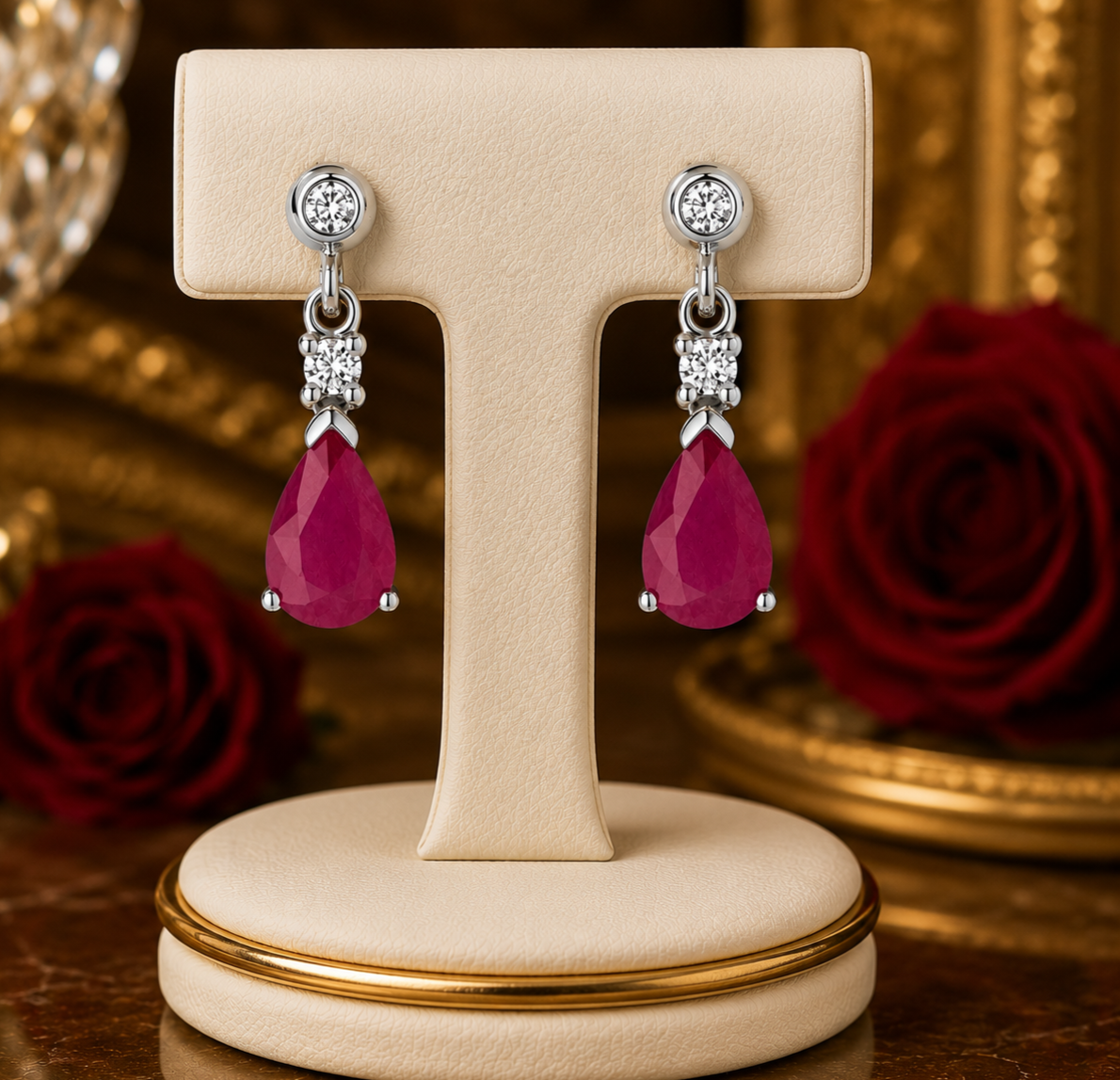 Real White Gold Ruby & Diamond Drop Earrings Pear Cut Gemstone Dangle Studs