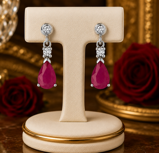Real White Gold Ruby & Diamond Drop Earrings Pear Cut Gemstone Dangle Studs