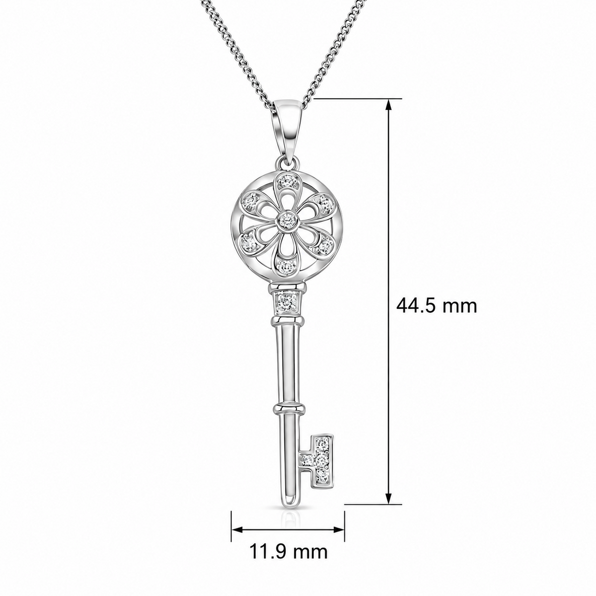 Diamond Floral Key Pendant 9ct White Gold 18" / 45cm Natural Premium Diamonds