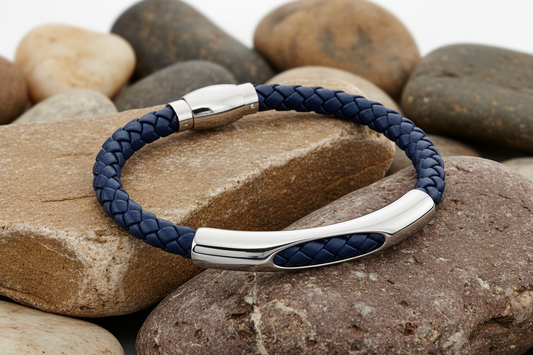 Fred Bennett Woven Navy Leather and Stainless Steel Section Bracelet 21cm B5279