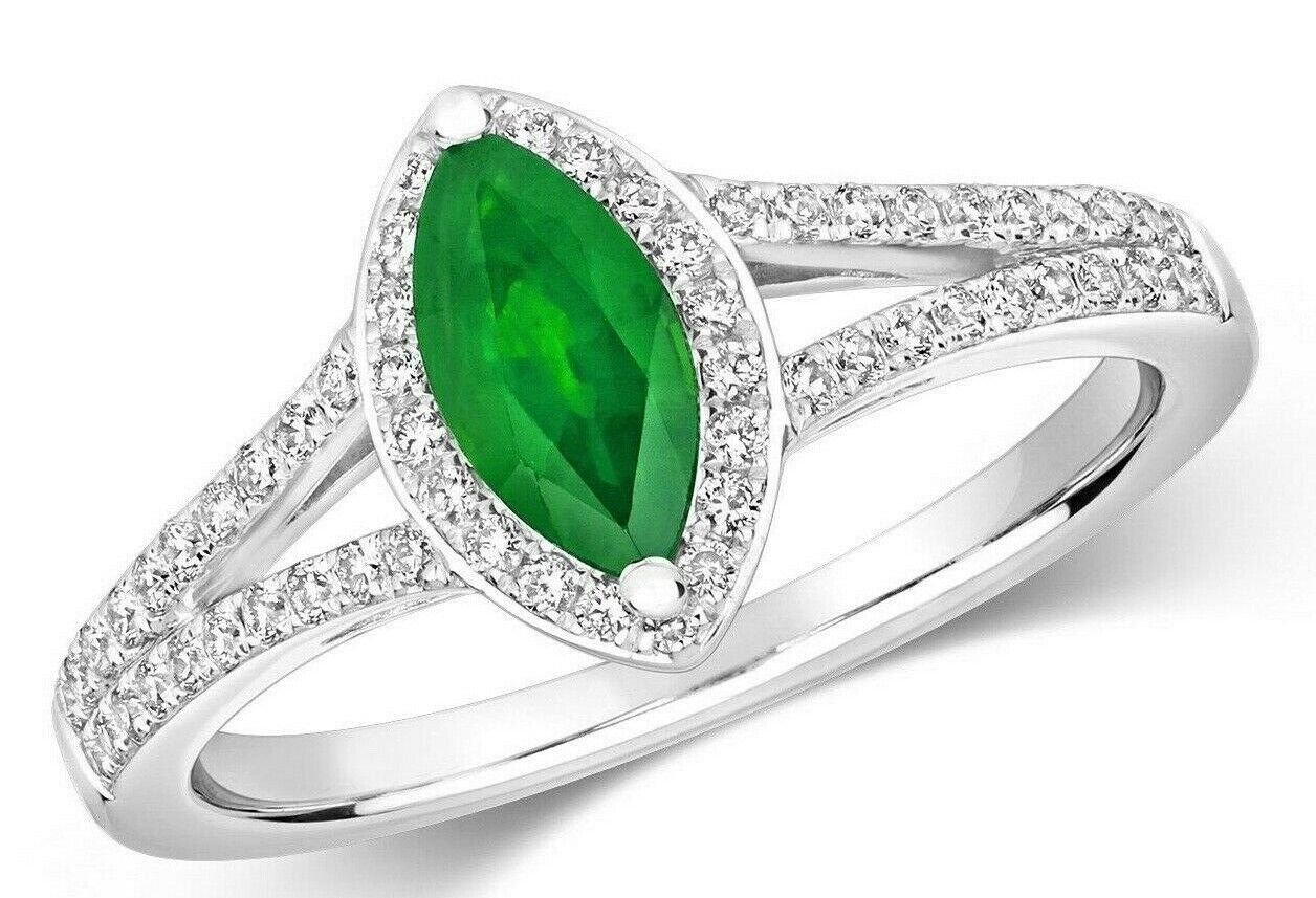 Real Emerald Marquise and Diamond Ring 18ct White Gold Cluster Engagement Halo