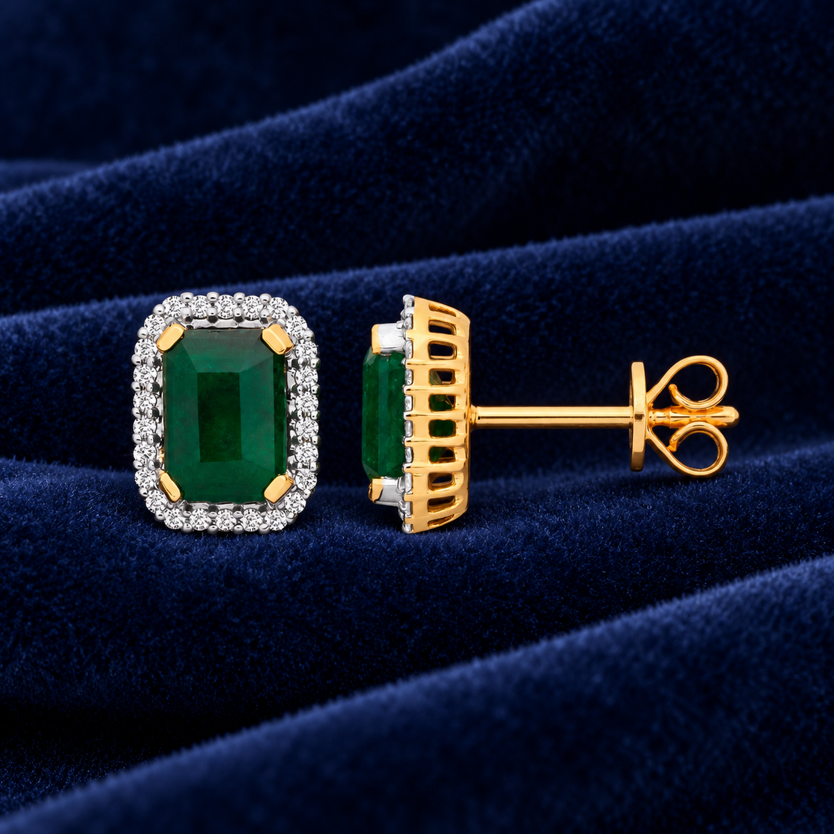Emerald and Diamond Earrings 18ct Yellow Gold Rectangular Studs Mined Stones