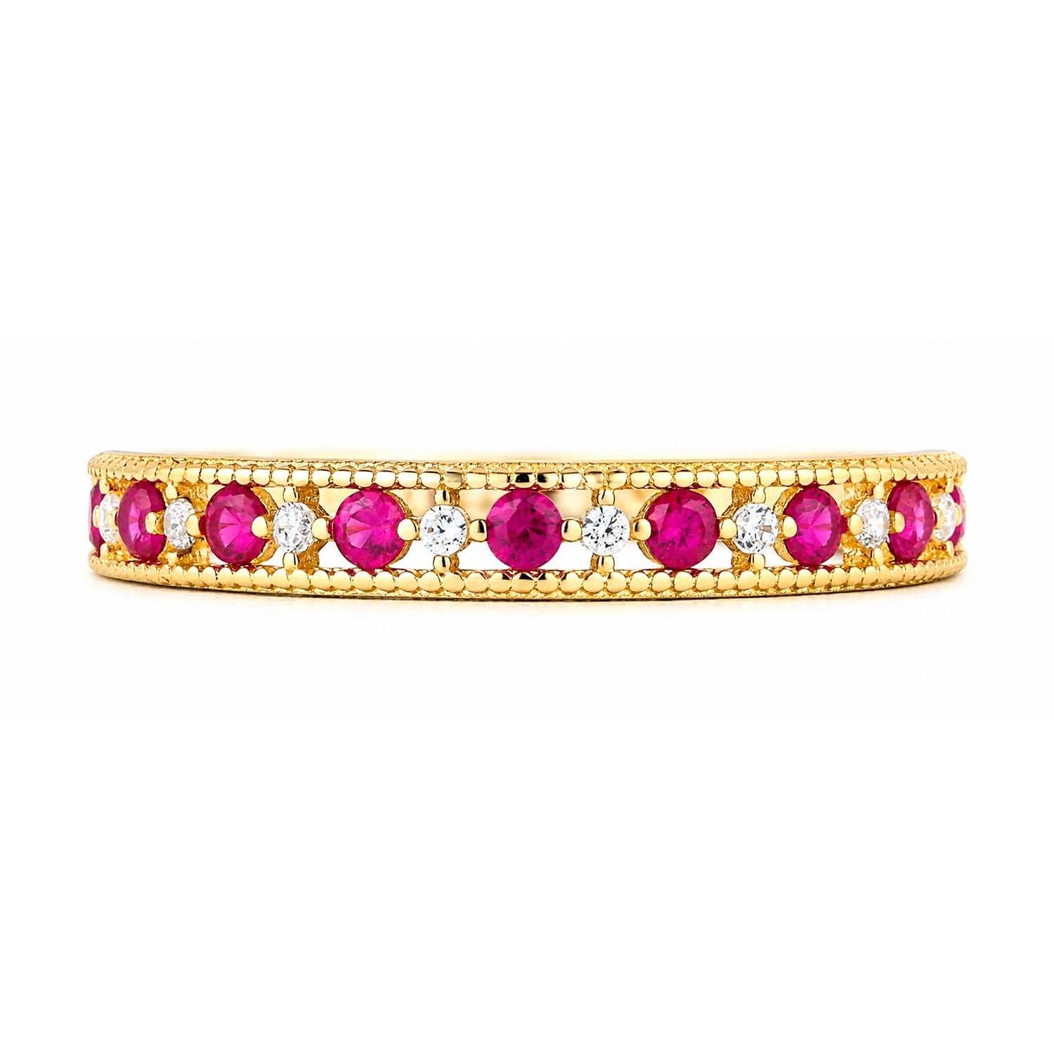9ct Yellow Gold Ruby Eternity Anniversary Ring – Millgrain Heart Edge - Hallmark