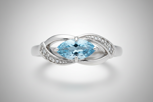 Blue Topaz and Diamond Ring Marquise Solid Sterling Silver Ladies