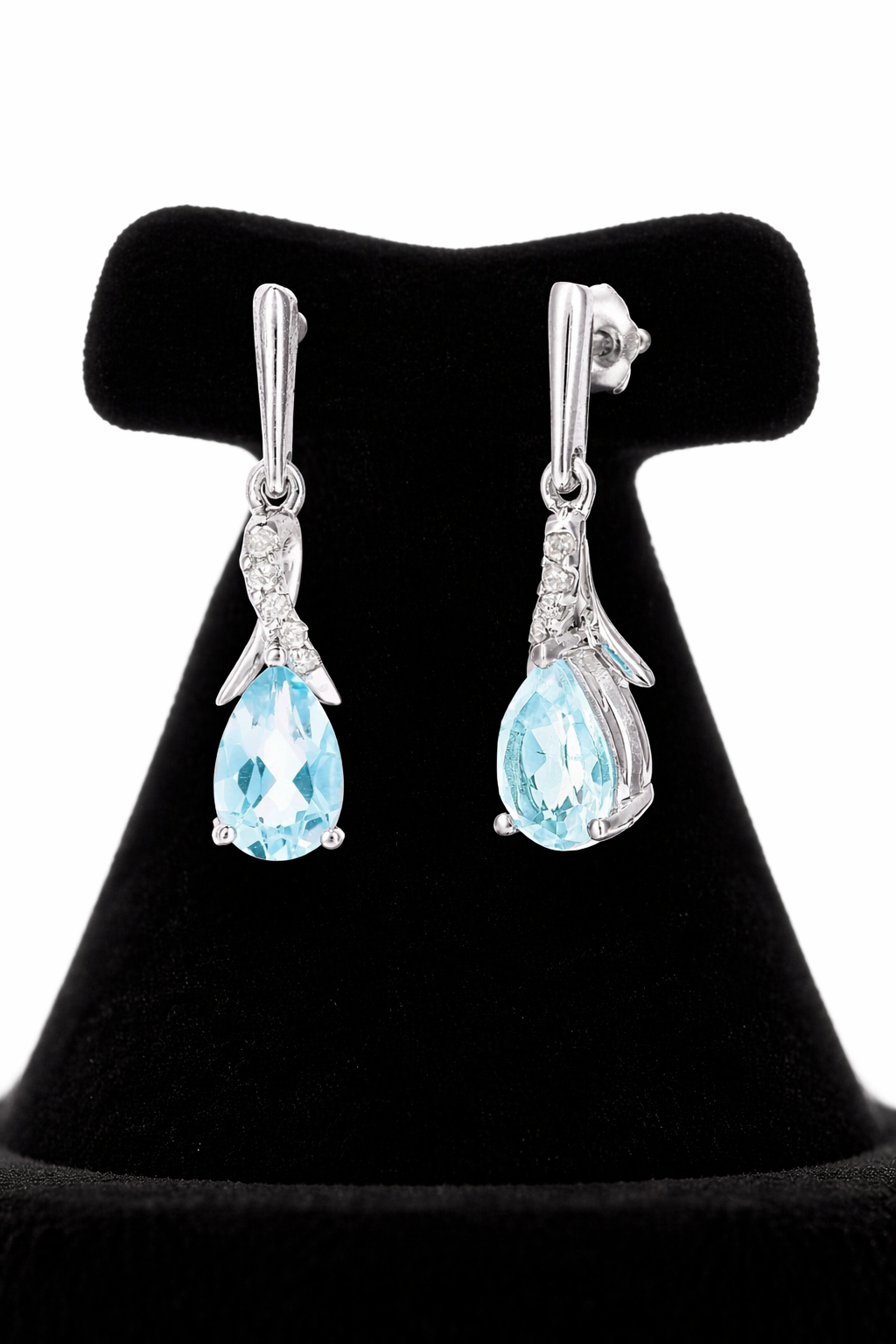 Natural Blue Topaz and Diamond Earrings Solid 9ct White Gold Teardrop Hallmarked