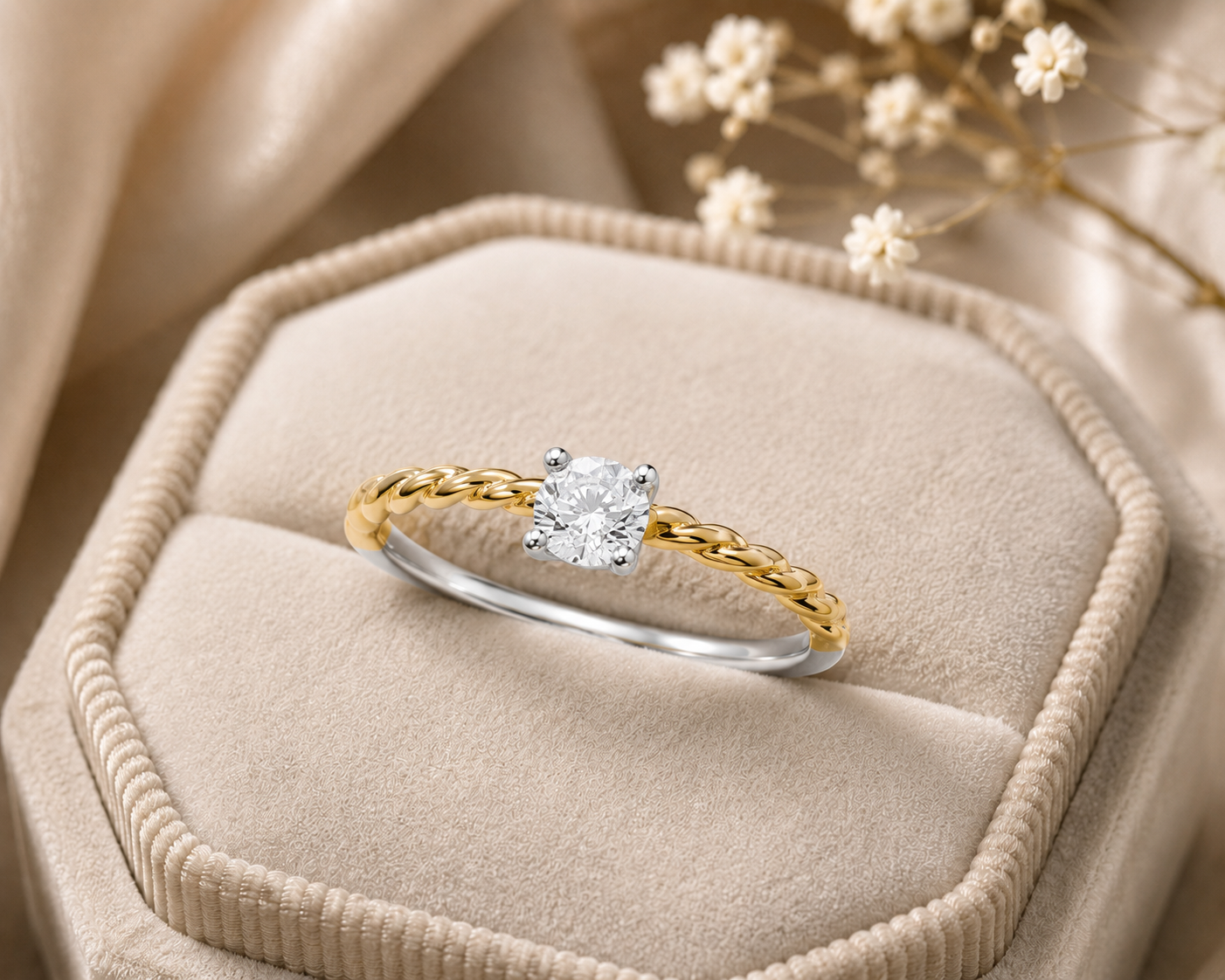 Elegant Two-Tone Twisted Solitaire Ring 18ct Yellow Gold on Solid Silver 925