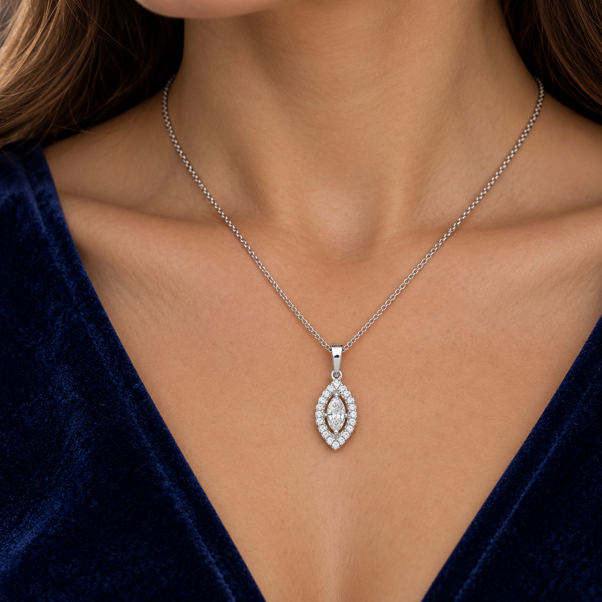 Real Diamond Marquise Pendant 18ct White Gold on 18" Chain 0.40ctw Diamonds