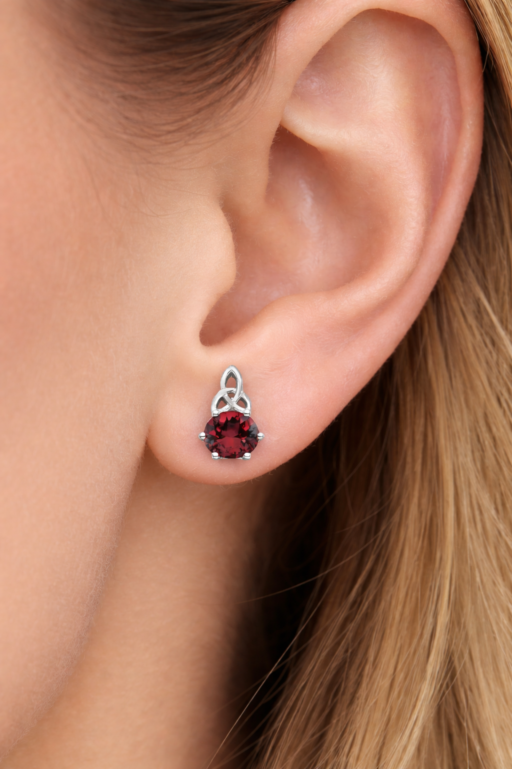 Ruby Celtic Stud Earrings Solid Sterling Silver 925 Hallmark Rhodium Finish