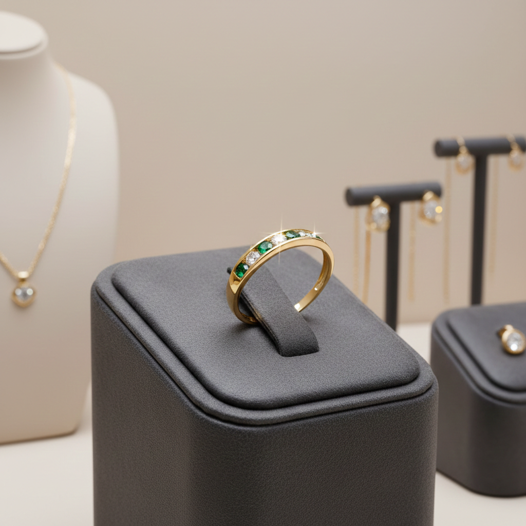 18ct Gold Emerald Eternity Ring Channel Set on Solid Silver 925 Size K-S