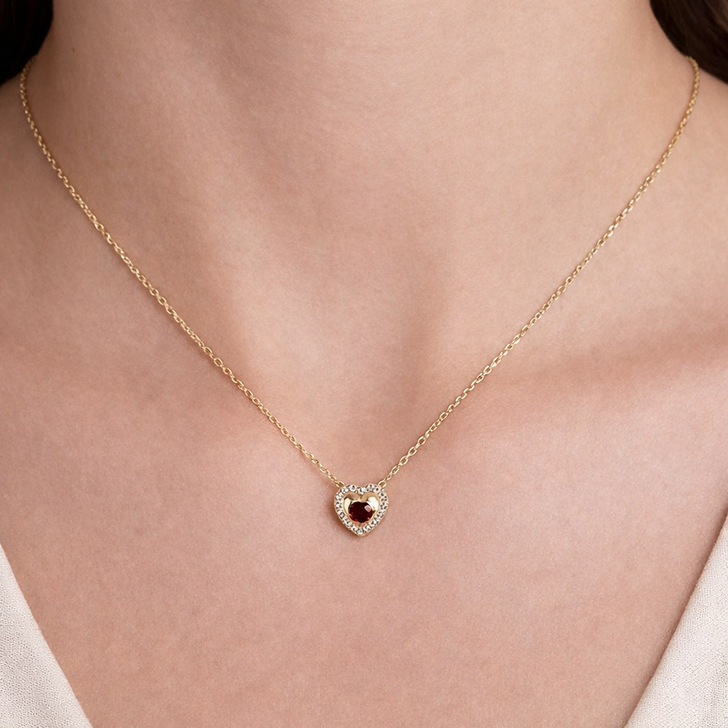 Garnet Heart Necklace With Diamond Solid Yellow Gold 18" 46cm Length Chain