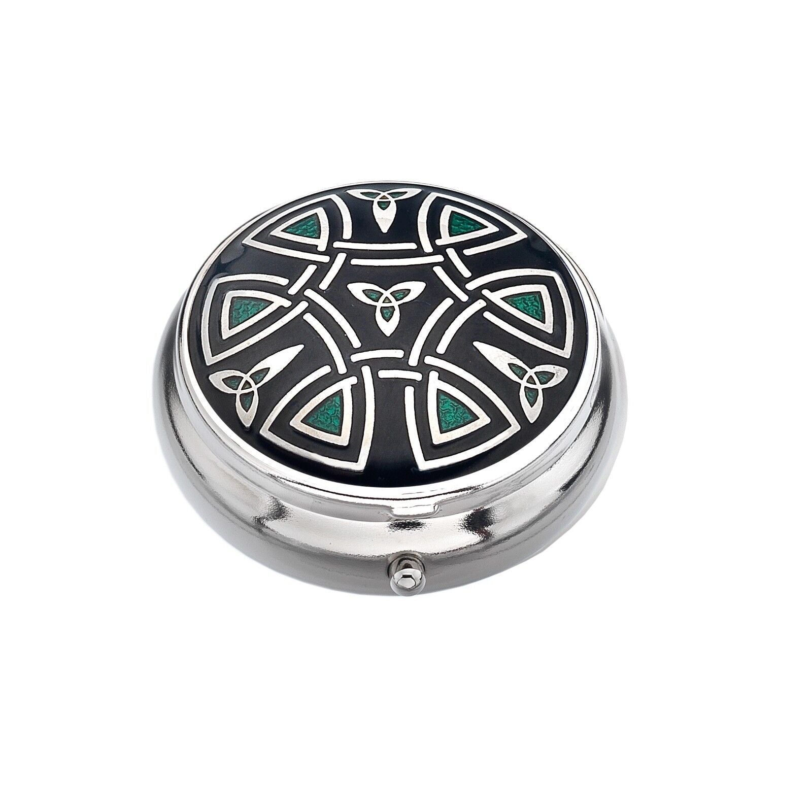 Pillbox Silver Plated Celtic Trinity Design Green Black Brand New and Boxed 
