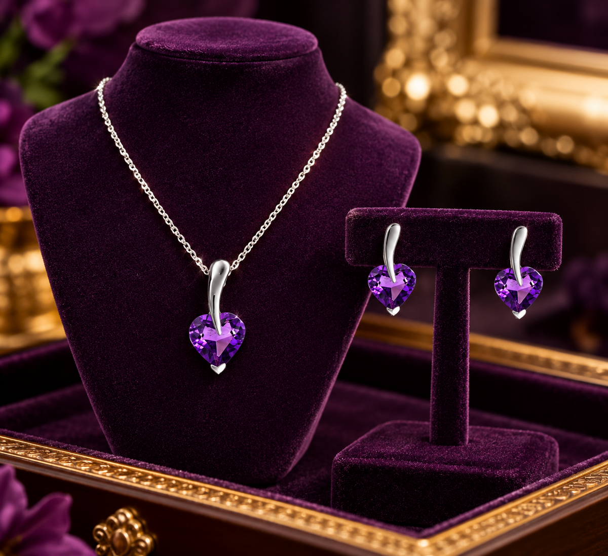 Real Amethyst Heart Pendant and Earrings Matching Set Solid Sterling Silver 925