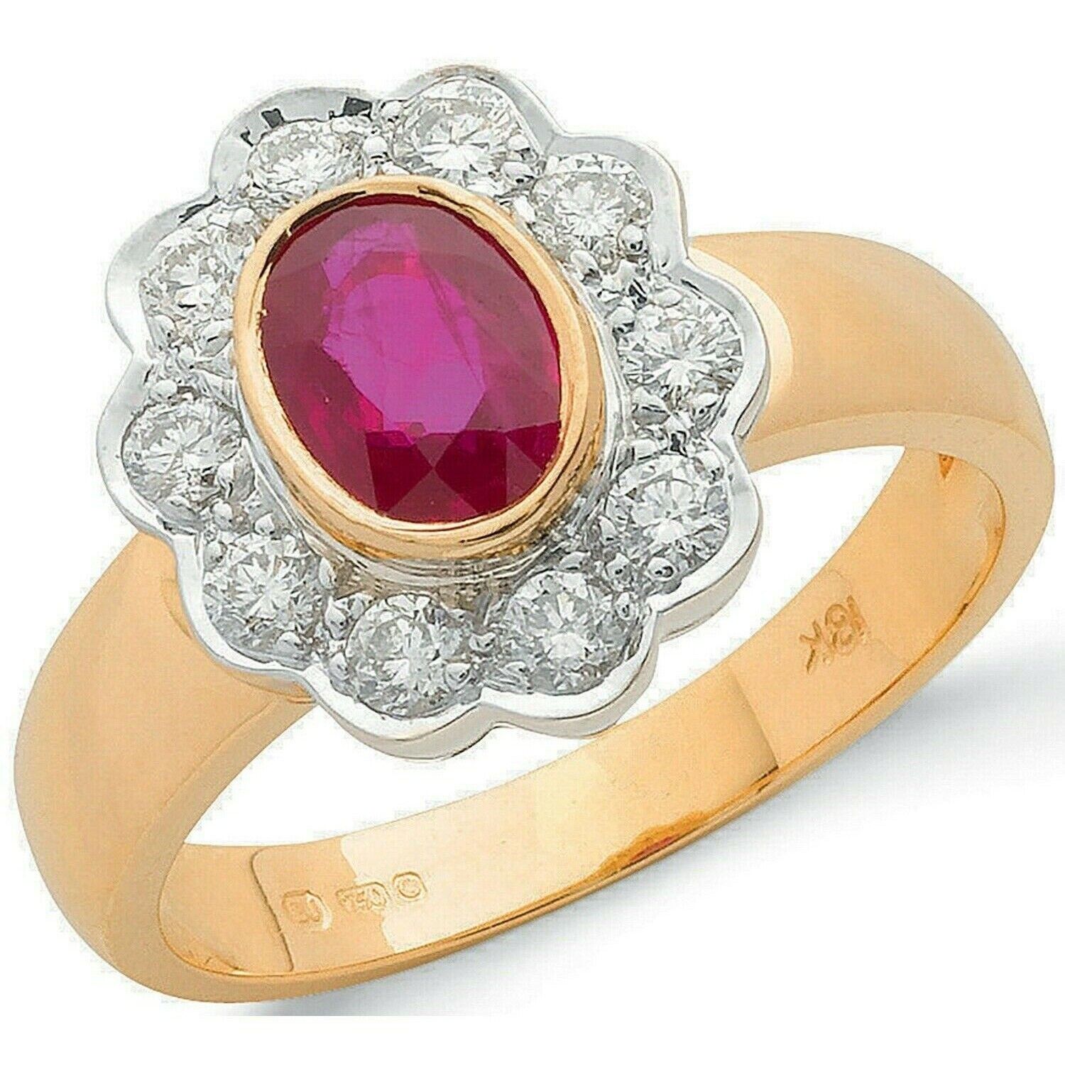 Real Ruby and Diamond Ring 18ct Yellow Gold Oval Cluster 1.00 Carat Weight
