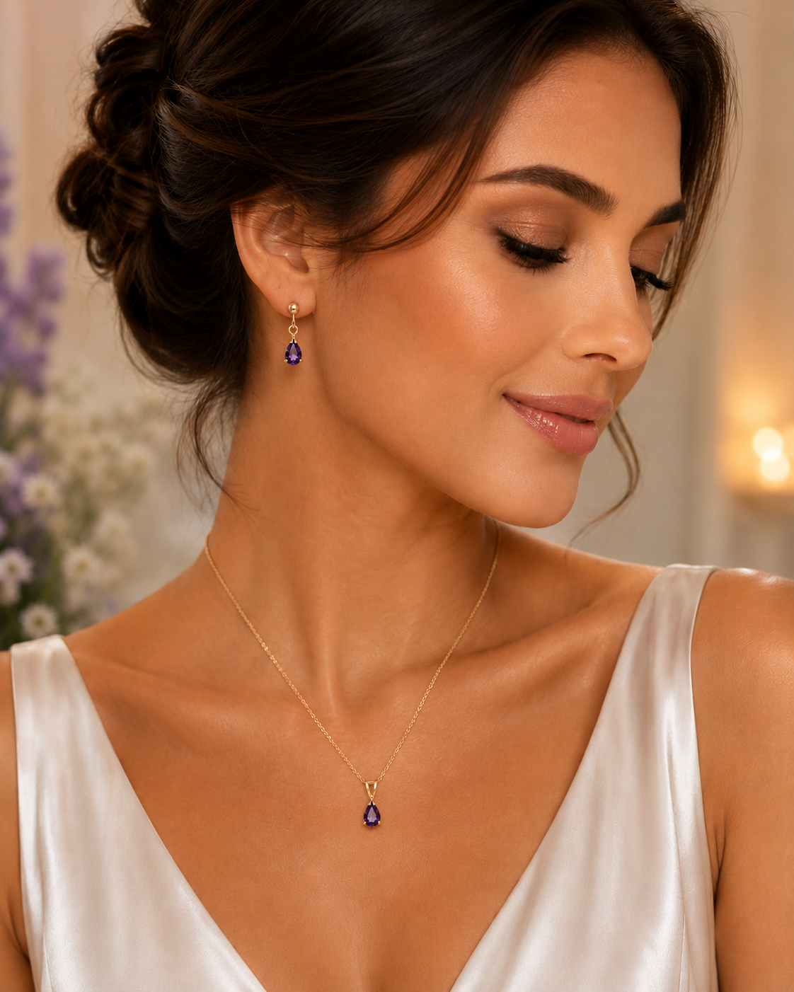 Real Amethyst Teardrop Pendant & Earring Set in Solid Yellow Gold 18" Chain