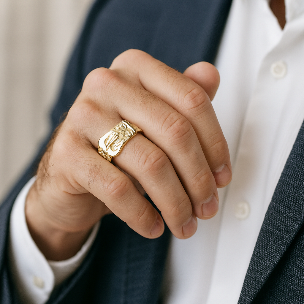 Men's Patterned Buckle Ring 18ct yellow Gold on Solid Sterling Silver Size O-Z+1