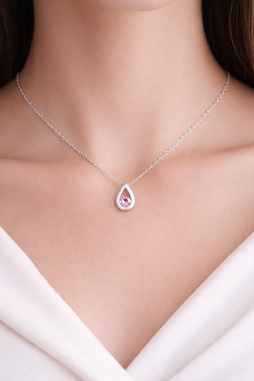 Pink Sapphire Teardrop Pendant Solid White Gold 18" 46cm Length Chain