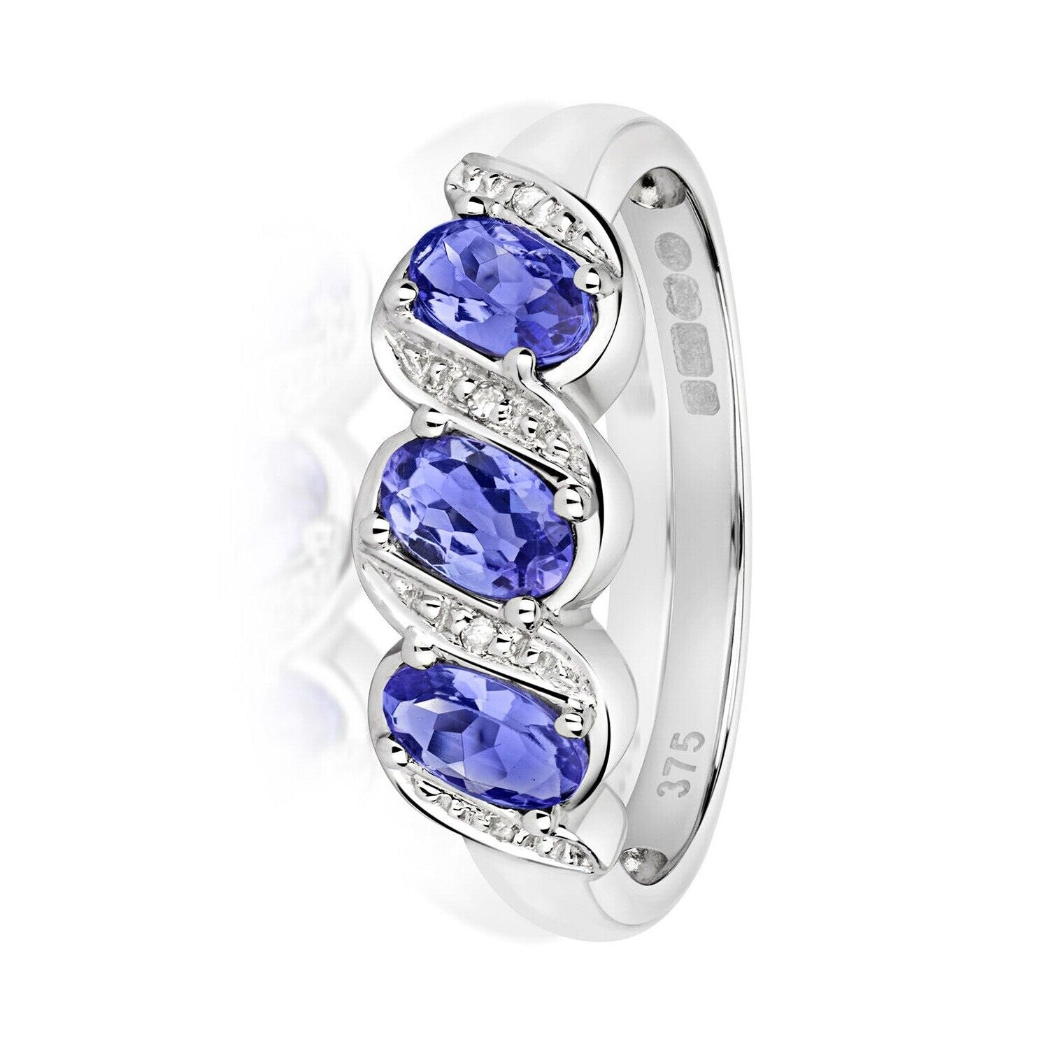 Real Tanzanite and Diamond Trilogy Ring Solid White Gold Three Stone Size J - Q