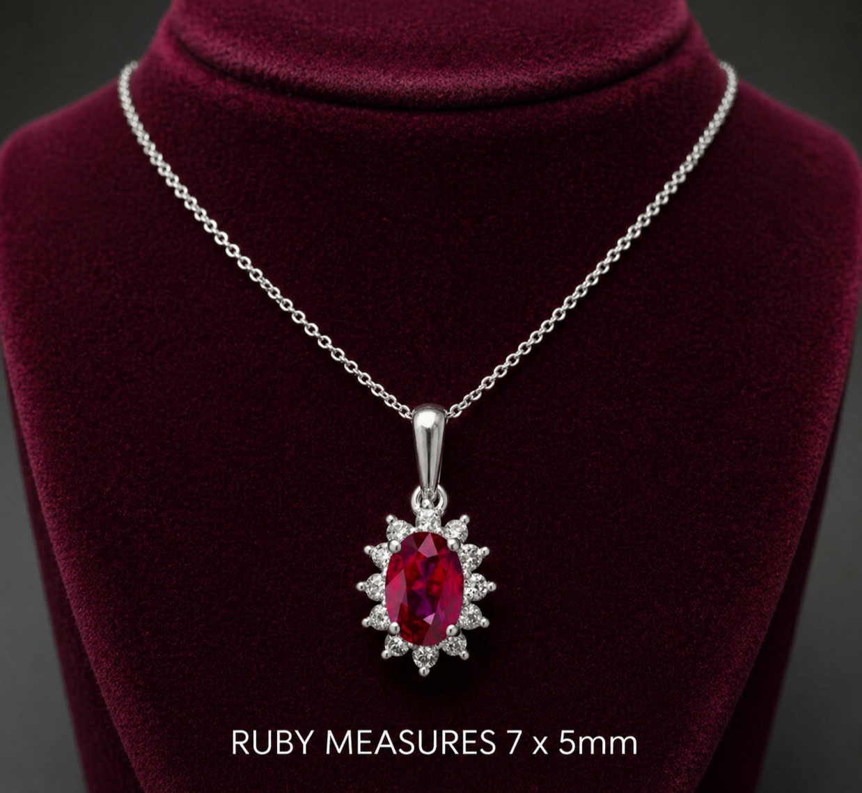 Ruby Oval Cluster Pendant With 0.25ctw Diamond 9ct White Gold 18" 46cm Chain