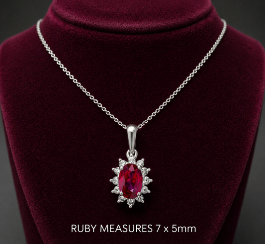 Ruby Oval Cluster Pendant With 0.25ctw Diamond 9ct White Gold 18" 46cm Chain