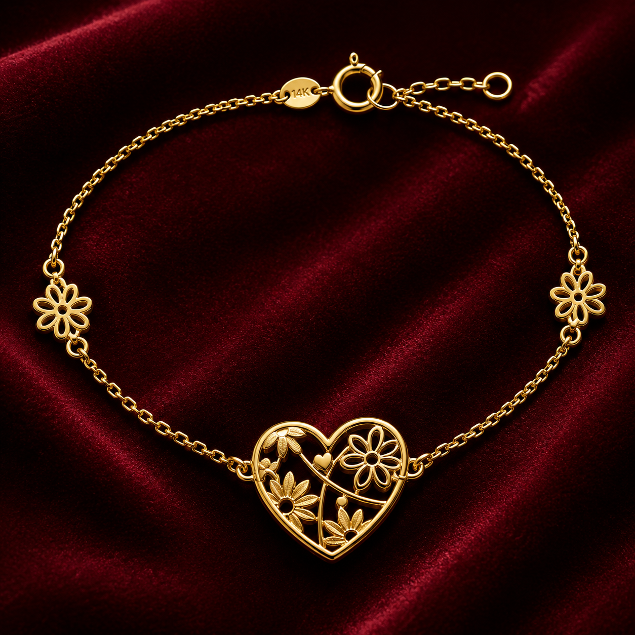 Ladies Floral Heart Bracelet Solid 9ct Yellow Gold 375 Hallmark 17.5 - 19cm