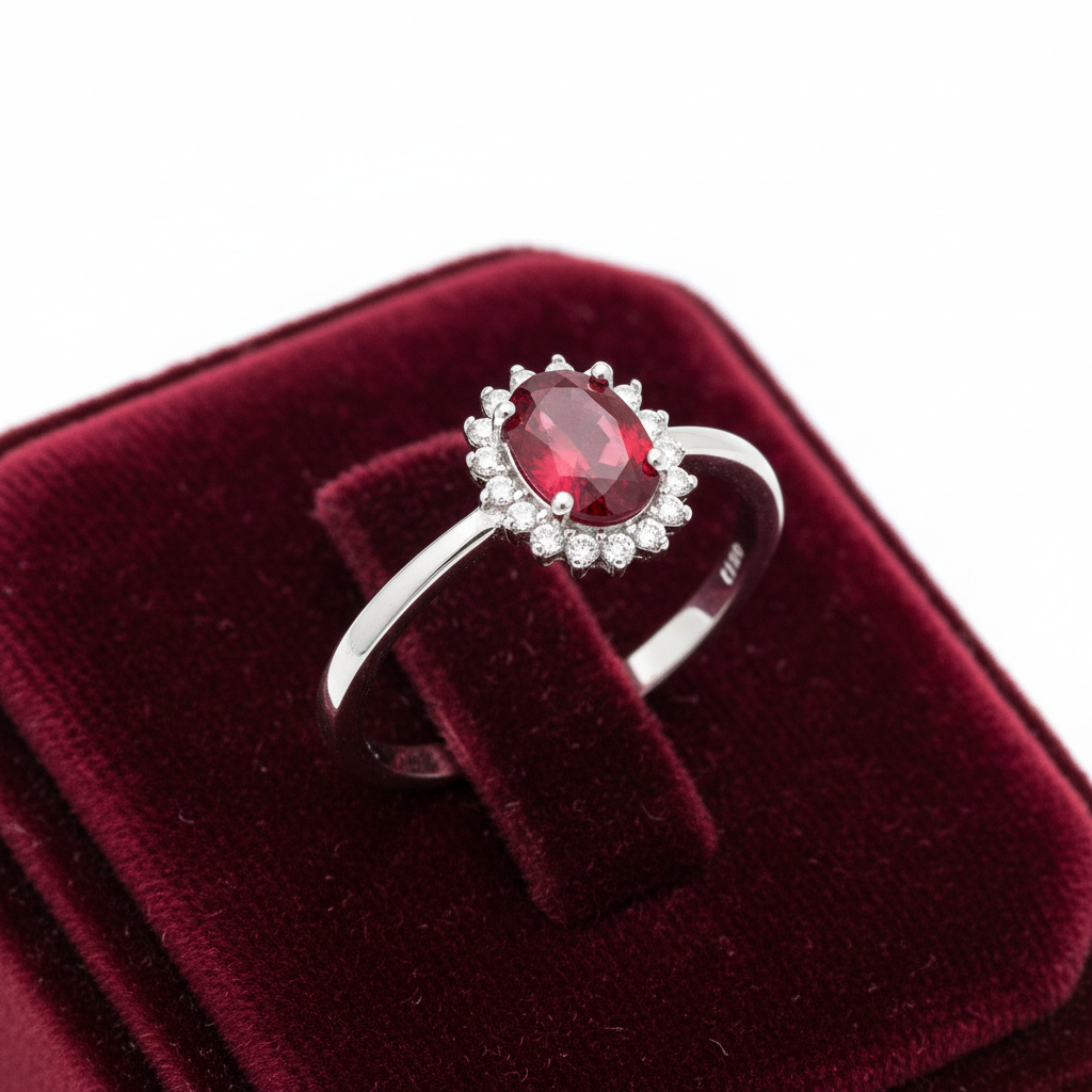 Sterling Silver Ruby Ring Oval Cluster Engagement 925 Hallmark Size K-S
