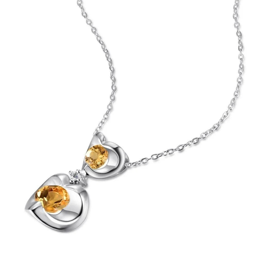 Citrine Heart Necklace With Diamond Solid White Gold 18" 46cm Length Chain