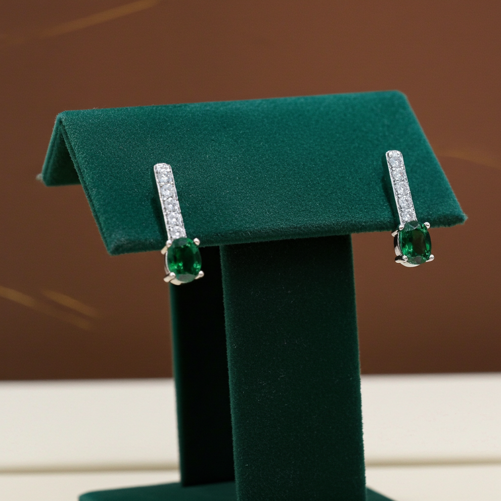 Emerald Drop Stud Earrings Solid Sterling Silver 925 Hallmark Rhodium Finish
