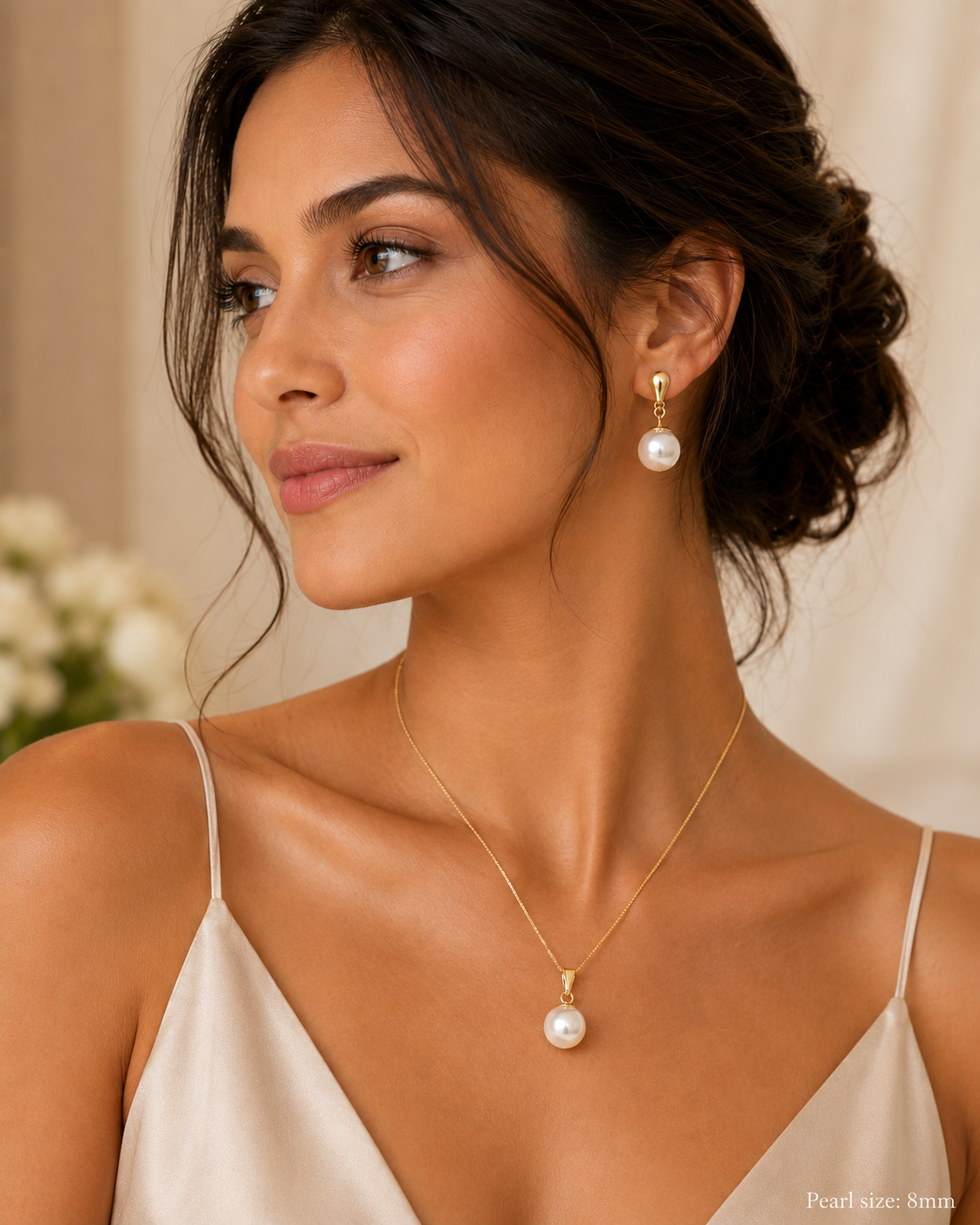 Elegant Classic Pearl Necklace and Earrings Set Solid Yellow Gold