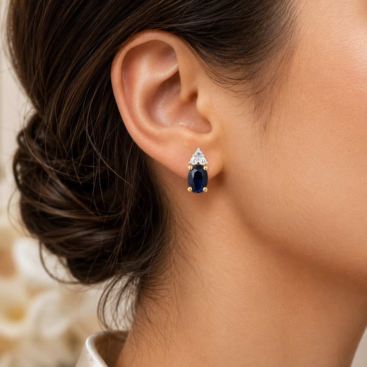 Yellow Gold Natural Sapphire & Diamond Accent Oval Stud Earrings