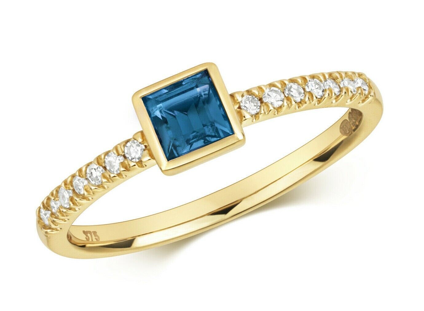 Real London Blue Topaz and Diamond Ring Solid Yellow Gold Square Solitaire