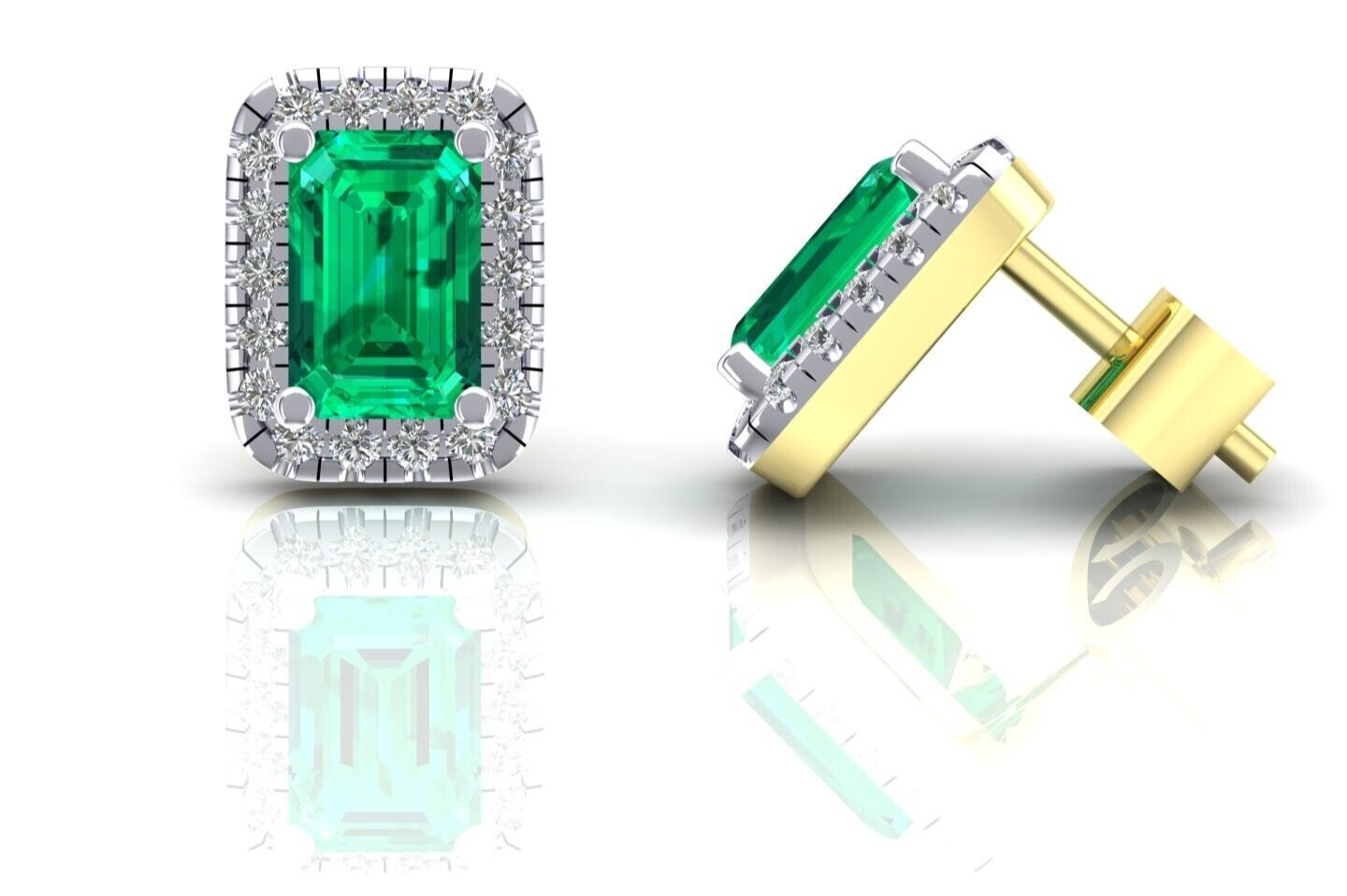 9ct Yellow Gold Emerald Cluster Stud Earrings Emerald Cut Studs Hallmarked